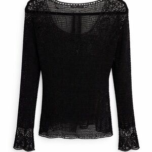 BCBGMAXAZRIA Black Crochet soft Open-Knit Long Sleeve Top | Boho Layering Piece